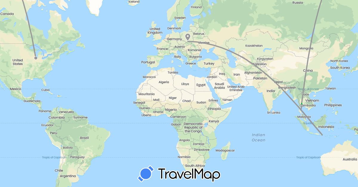 TravelMap itinerary: driving, bus, plane in Indonesia, Poland, Thailand, United States (Asia, Europe, North America)